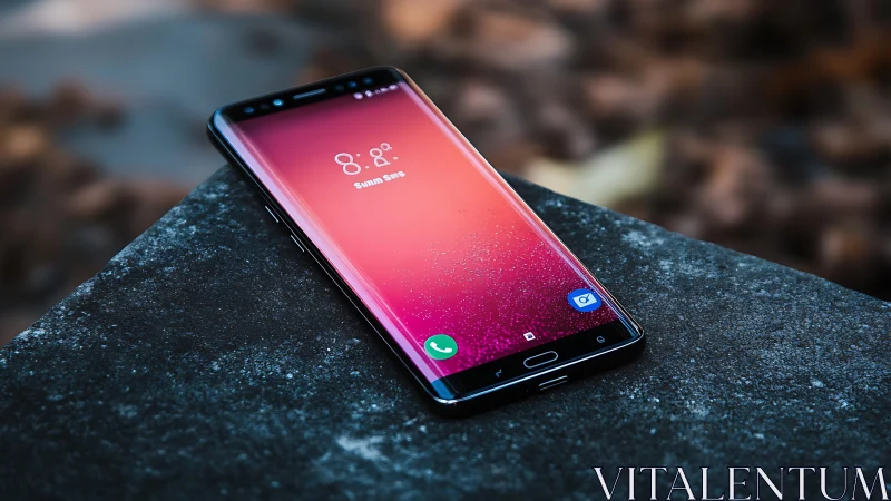 Gradient Display Mobile Device on Weathered Stone Surface.
