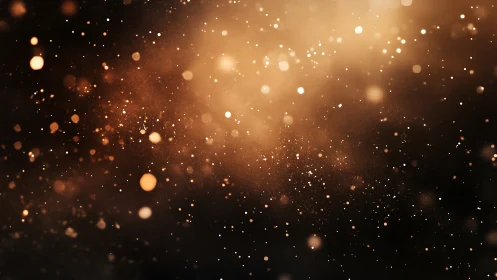 Defocused golden particle field demonstrates depth-of-field bokeh dynamics