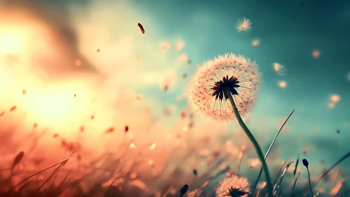 Dandelion seeds drift through glowing sunset meadow.