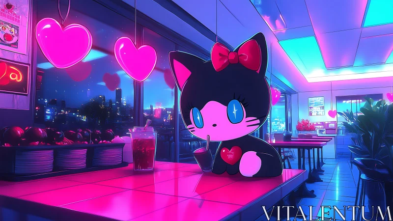 Neon-lit diner with kawaii black cat character alone.