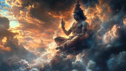 Celestial deity meditating amid volumetric storm clouds.