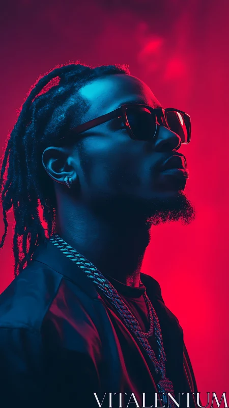 Neon rim lit male profile portrait with cyan red bicolor haze