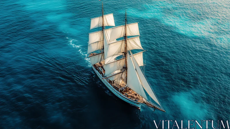 Three-masted sailing vessel proceeds through open ocean waters