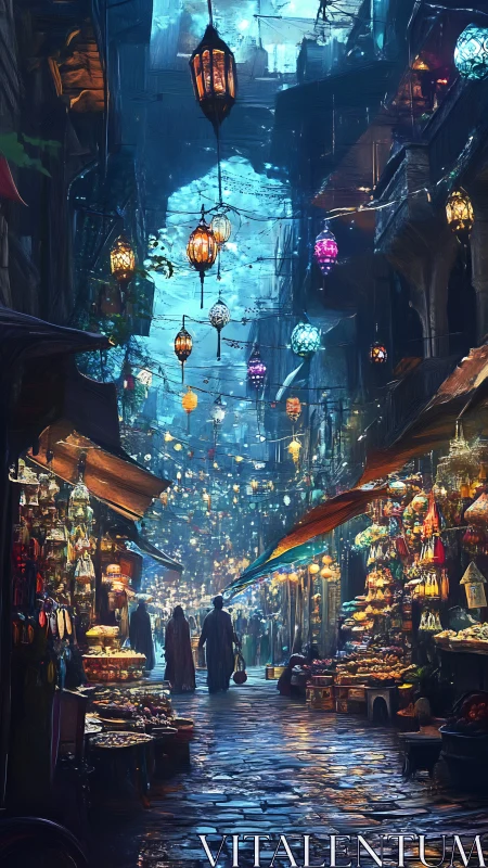 Night market alley glows with layered lantern illumination