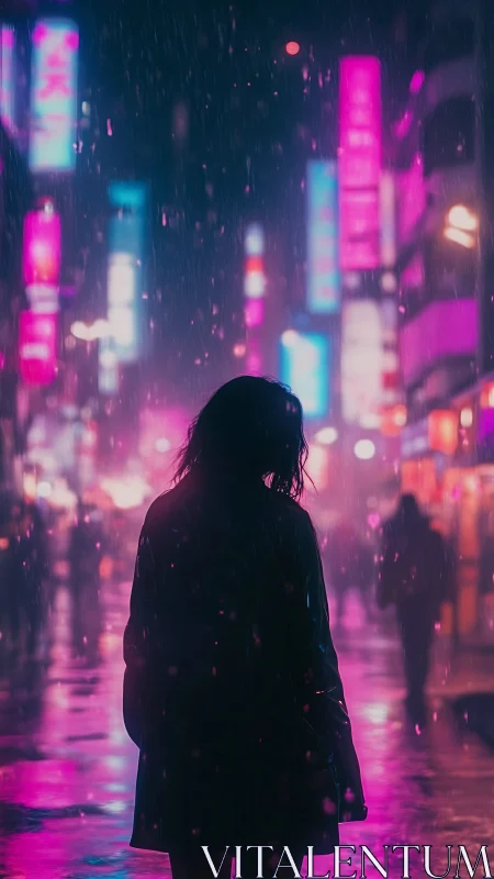 Silhouette stands in rain against neon city street lighting