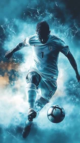Electric soccer kick frozen in swirling blue energy storm.