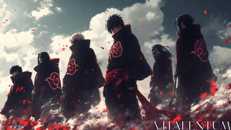 Dark robed anime squad framed by storm sky and petals.