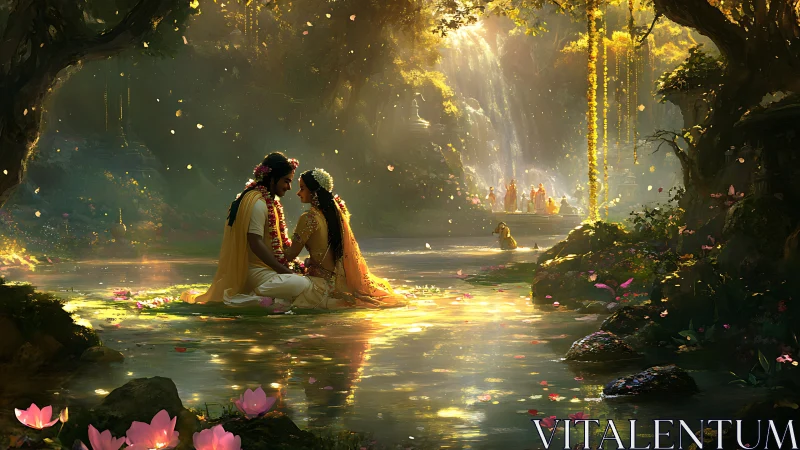 Divine lovers by a radiant forest stream in golden dusk.