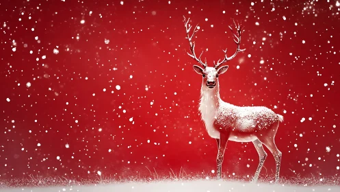 Snow covered reindeer stands against vivid red winter sky