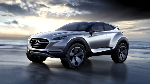 Hyundai concept SUV gleams on dramatic sunset shoreline.