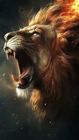 Roaring lion crowned in fire surges from a dark storm