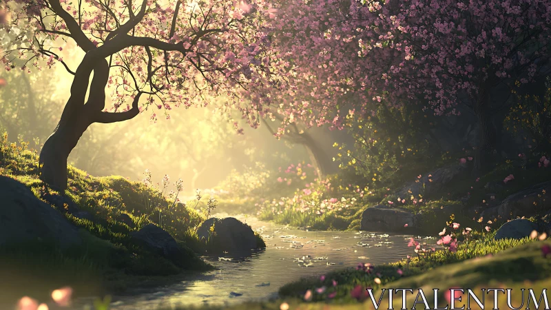 Sunlit cherry blossoms drift above a tranquil forest creek.