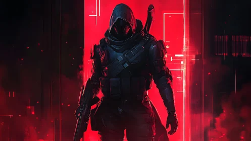 Mysterious cyber warrior steps from a glowing red portal.