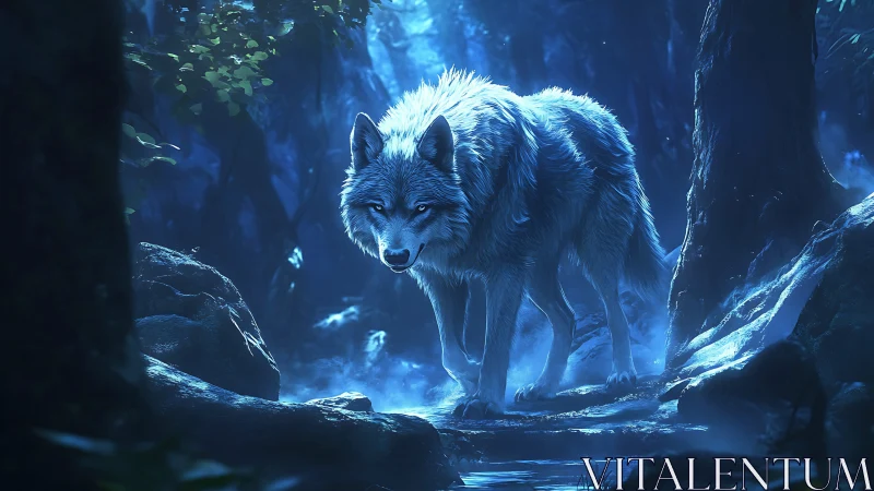 Lone silver wolf stalking through luminescent blue forest.