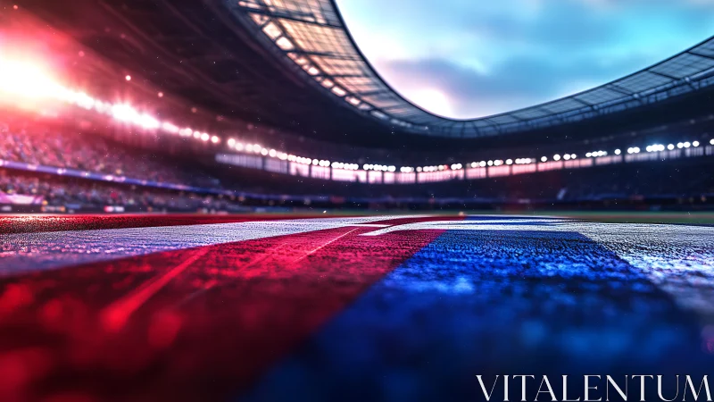 Stadium lights and bold field stripes before the big game.