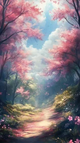 Enchanted Cherry Blossom Path Through Nature.
