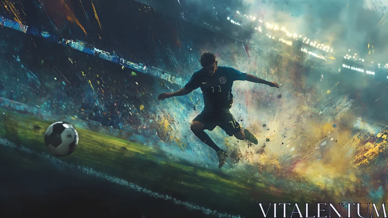 Kinetic digital painting of soccer striker in explosive motion field.