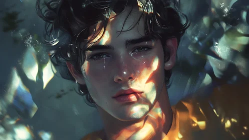 Melancholic youth under fractured prism light portrait.