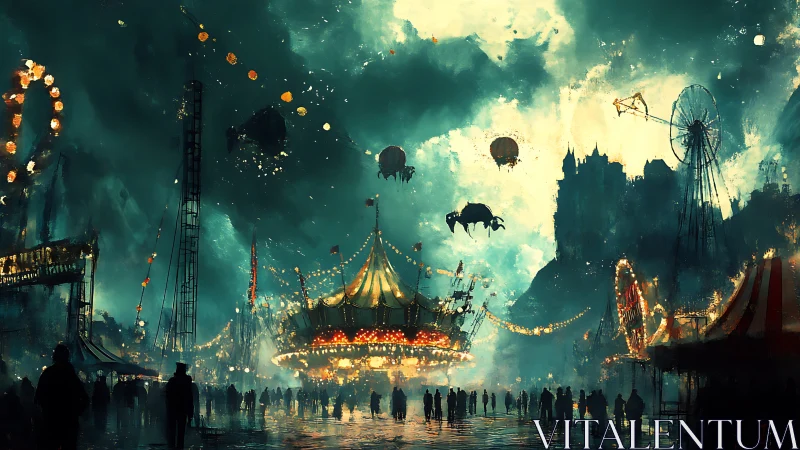 Nocturnal carnival skyline under storm-lit cinematic atmosphere
