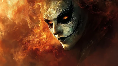 Demonic mask emerges from molten flames, eyes burning.