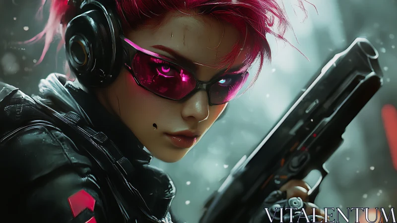 Cybernetic operative with neon visor aims pistol in shallow depth