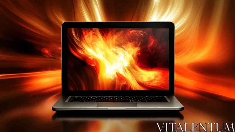 Laptop display with swirling fiery abstract light energy field
