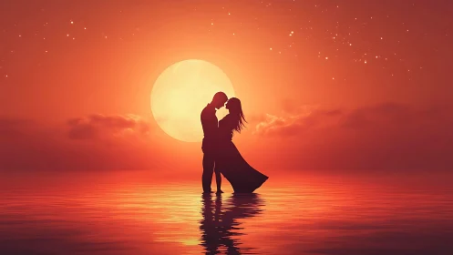 Silhouetted Couple's Romantic Kiss Against Luminous Solar Orb.