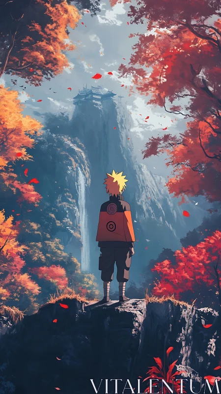 Autumn-cloaked ninja gazes toward a distant mountain sanctuary