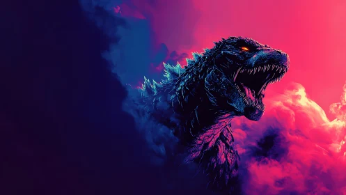 Neon storm titan roars through electric magenta clouds.