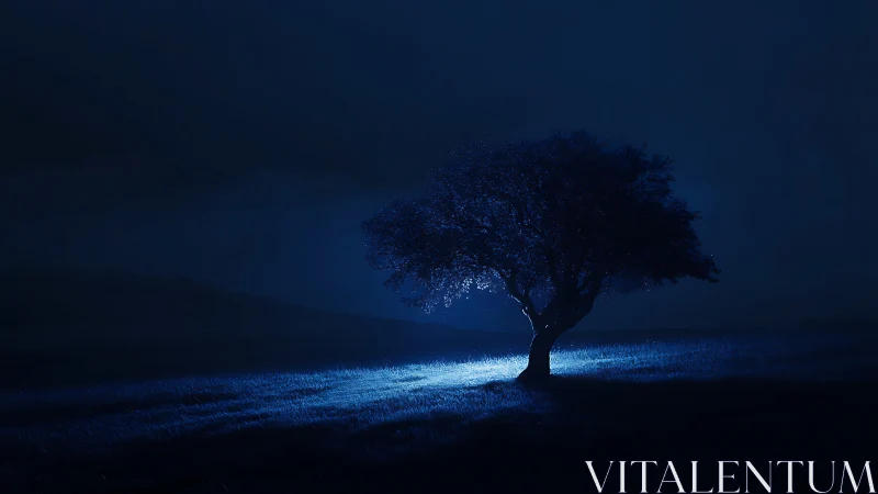 Moonlit tree stands calmly in a quiet midnight meadow