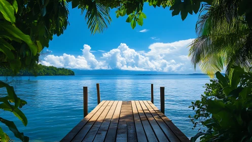 Wooden Dock Extending Into Tropical Ocean Paradise.