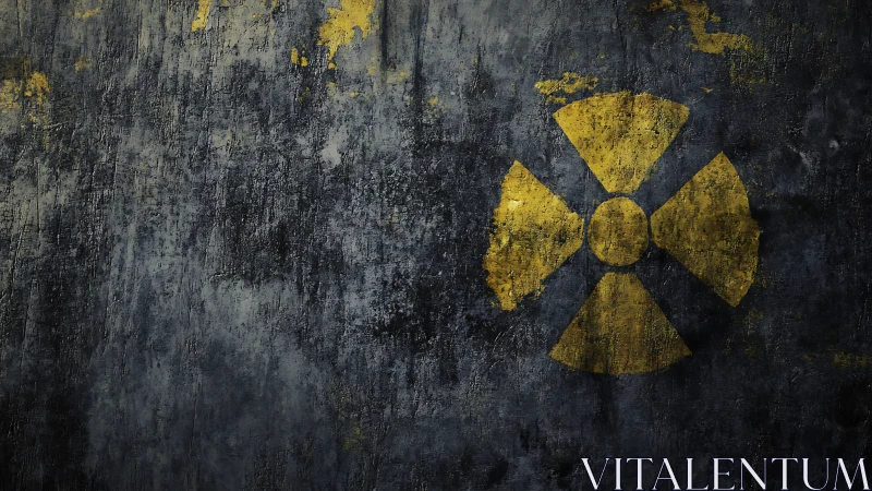 Weathered yellow radiation symbol on dark concrete wall.