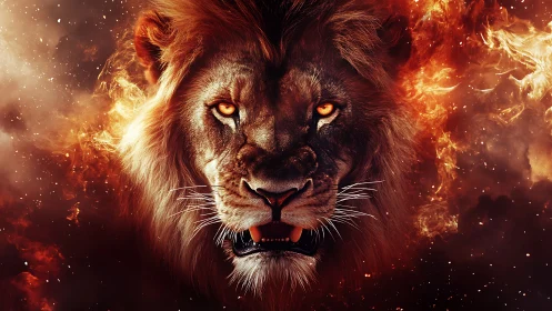 Solar-flare lion spirit roars from a molten nebula sky.