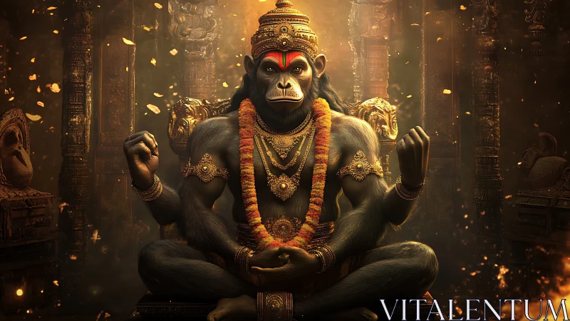 Divine gorilla deity meditates in glowing ancient temple