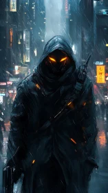 Cybernetic hooded operative in neon rain-soaked alleyway