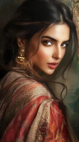 Portrait of woman in ornate sari with gold earrings.