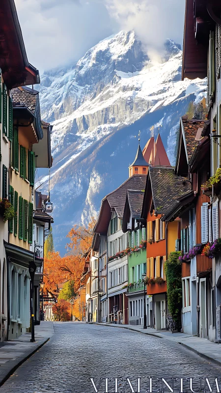 Street in alpine town with colorful houses and distant peaks.