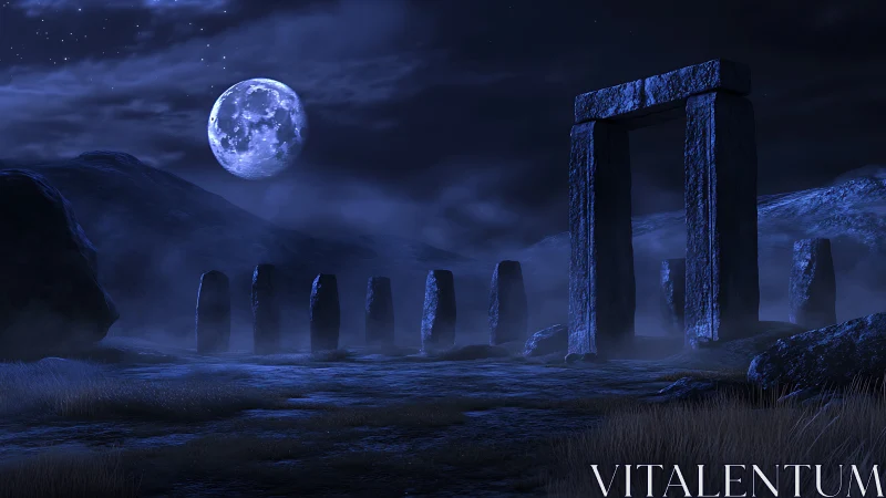 Moonlit stone portal amid ancient standing circle at night.