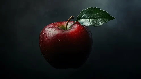 Dark moody close-up of red apple with dewy green leaf.