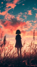 Silhouetted girl in tall grass under vivid cyan sunset sky.