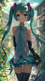 Cyber-vocaloid stroll in sunlit alleyway environment design.