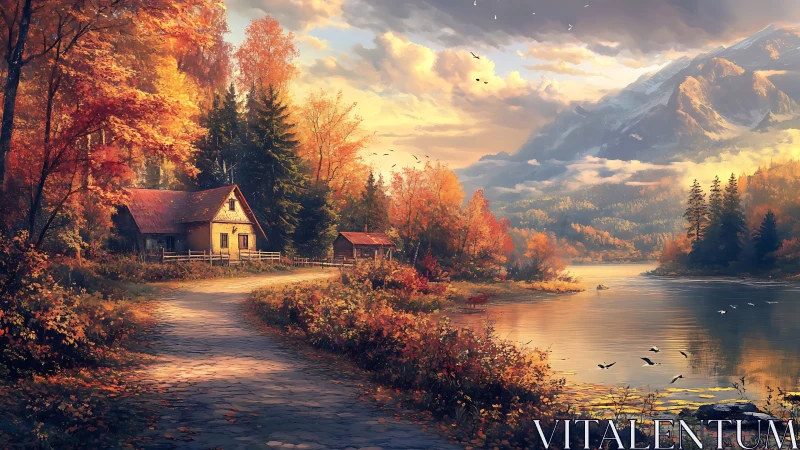 Lakeside cabin overlooks autumn forest under glowing mountains