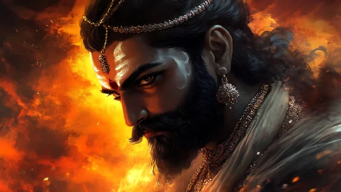 Digital painting portrait with fiery mythic warrior aura.