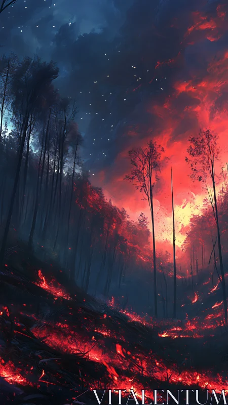 Inferno Landscape: Wildfire Ravaging Ancient Forest at Dusk.