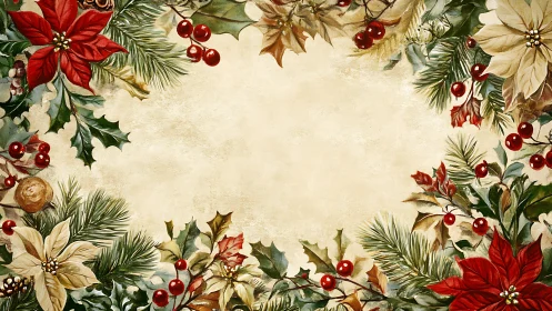 Festive poinsettia and holly border on textured parchment background.