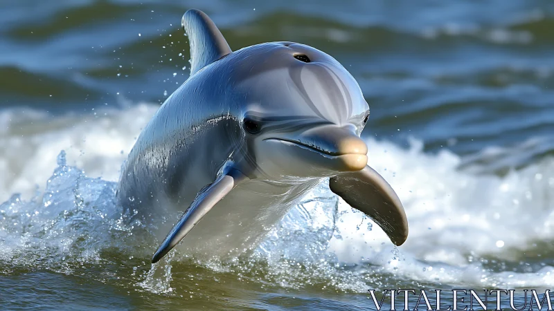 Bottlenose dolphin arcs through foaming surf in sharp focus.