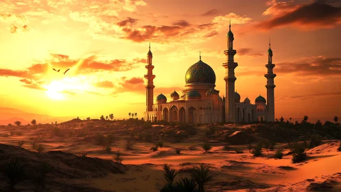 Sunlit domed mosque and minarets in desert landscape at dusk.