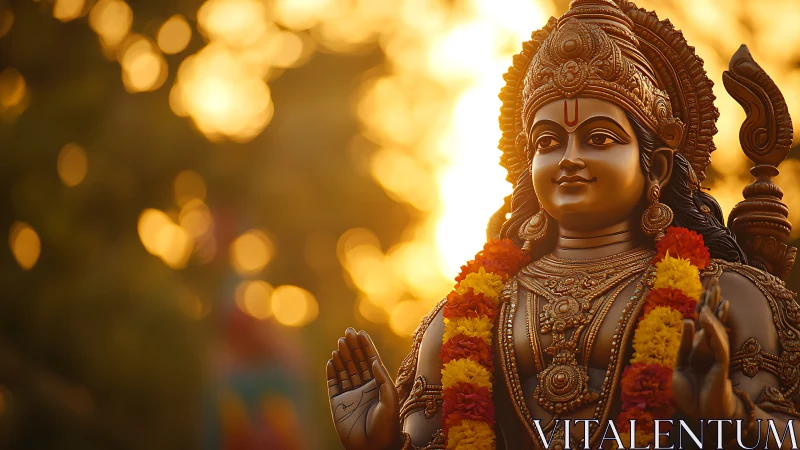 Photorealistic divine statue portrait with warm bokeh backdrop.