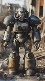 Armored combat exosuit stands in rusted urban ruins.