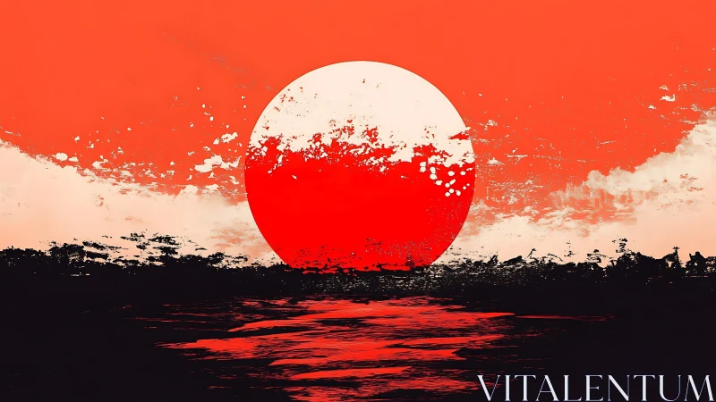 Crimson sun descends over abstract shoreline in bold contrast